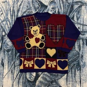 Vintage Cute Bear Sweater Geometric Hearts Crewneck Pullover Acrylic Women Blue